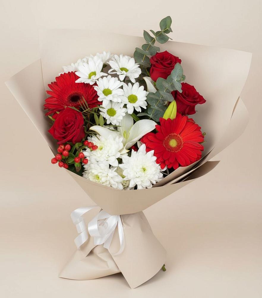 Букет цветов из: Розы, Хризантемы, Герберы и Лилии в Металлплощадке